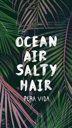 the words ocean air salty hair are in front of palm leaves