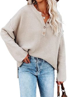 Oversized Sweater Women, Pullover Mode, Pull Oversize, Camel Sweaters, Henley Sweater, Sweater Oversize, Comfortable Sweater, Off Shoulder Fashion, Button Sweater