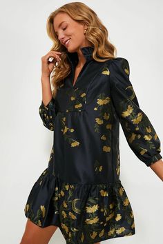 Navy Jasmine Vine Jacquard Palmerston Dress | Tuckernuck Jasmine Vine, Notched Neckline, Cocktail Attire, Ruffled Collar, Feminine Silhouette, Current Styles, Ruffle Collar, Weekend Wear, Jacquard Fabric