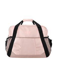 a pink duffel bag with black straps on the front and side, sitting against a gray background