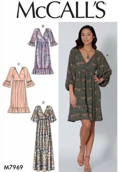 a women's dress and top sewing pattern with bell sleeves, v - neckline