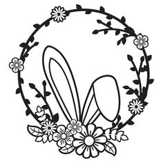 a black and white drawing of an easter bunny with flowers in the middle of it