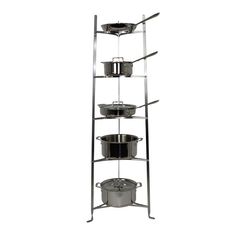 a metal shelf with pots and pans on top of it, against a white background