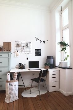 a white desk with a laptop on top of it