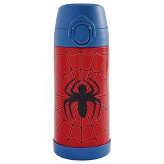 a blue and red water bottle with a spider - man on it