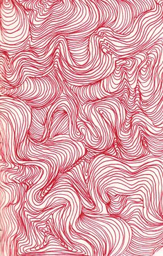 a red and white drawing with wavy lines