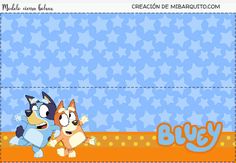 an image of two cartoon dogs on a blue and orange background with stars in the background