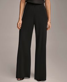 in stock Black Stretch Wide Leg Work Pants, Chic Black Wide Leg Work Pants, Casual Full Length Evening Pants, Elegant Black Stretch Work Pants, Black Straight Leg Dress Pants For Evening, Elegant Black Straight Leg Work Pants, Chic Black Work Trousers, Chic Black Full-length Bottoms, Casual Evening Straight Dress Pants