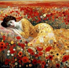 a painting of a woman laying on top of a field with red and yellow flowers