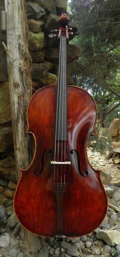 an old violin sitting on top of a wooden stand in front of a rock wall