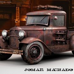 an old, rusty truck is parked in front of a building with the words john mchado on it