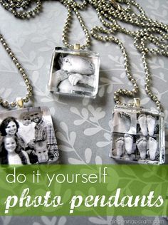 three necklaces that have pictures on them with the words do it yourself photo pendants