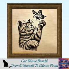 an image of a cat with a butterfly on it's paw and the words, cat theme bundle over 30 stencils to choose from