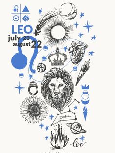 the poster for leo is shown with zodiac symbols and astrologicals on it's side