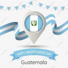 the flag of guatemala on a map pointer with blue ribbon and pennants around it