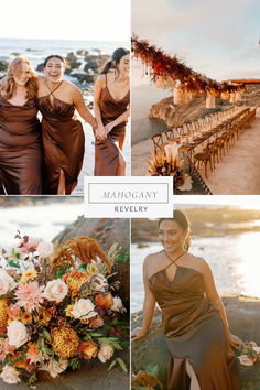 four different pictures of women in brown dresses