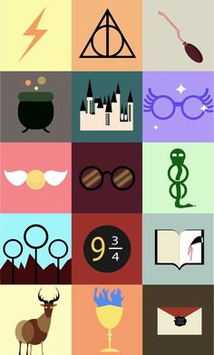 harry potter's symbols are shown in different colors and sizes, including the hogwarts