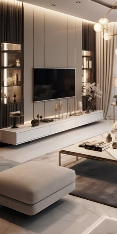 modern living room with white furniture and large screen tv