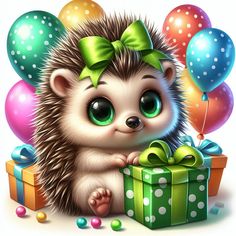 a hedgehog with a green bow is holding a gift box and surrounded by balloons