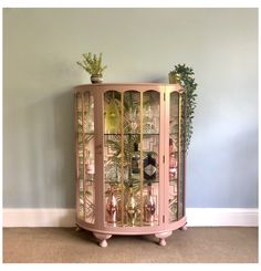 a pink cabinet with glass doors and plants on top