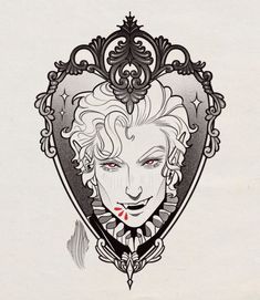 a drawing of a woman's face in a mirror with an ornate border around it