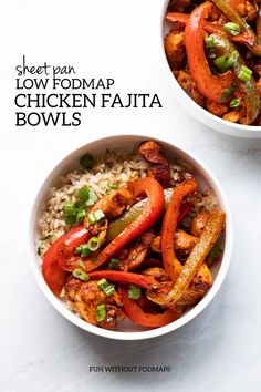 two bowls filled with chicken fajita bowls on top of white countertop next to each other