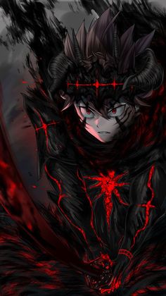 a demonic demon with red eyes and horns on his head, standing in front of a dark background