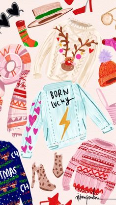 an illustration of sweaters, hats, and shoes on a pink background with the words born ugly