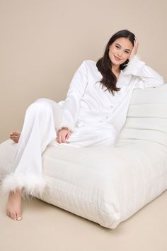 Dreamiest Delight White Satin Feather Two-Piece Pajama Set Feather Bride Pajamas, Different Bridesmaid Pajamas, Boho Wedding Pajamas, Bridal Getting Ready Loungewear, White Matching Christmas Pajamas, Husband And Wife Robe, Newly Wed Christmas Pajamas, Engagment Christmas Pajamas, Bridesmaid Pyjamas Winter