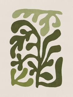 an abstract painting with green leaves on a white background