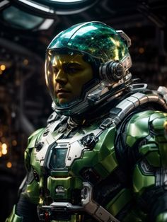 a man in a green suit and helmet