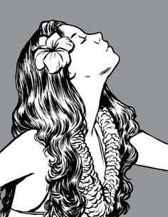 a woman with long hair and a flower in her hair looking up to the sky