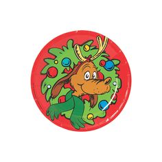 a red paper plate with a dog on it's face and christmas decorations around its neck