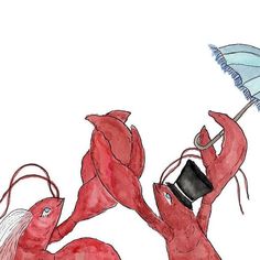 a drawing of two lobsters holding an umbrella and cell phone in their hands,