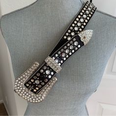 Women’s Leather Studded And Bling Rhinestone Belt. Gorgeous Belt With Substantial Large Buckle, Covered In Rhinestones The Belt Has Tiny Silver Ball Accents For A Gorgeous Look, As Well As Silver, Studs And Rhinestones Throughout The Length Of The Belt. No Rhinestones Are Missing On The Belt Part. One Stone Is Missing On The End Of The Belt. See Photos.,See Measurements In Listing. Size Xl On Inside Of Belt. Worn Once. Bling Belt, Bling Belts, Denim Skirt Women, Rhinestone Belt, Studded Belt, Western Leather, Rhinestone Studs, Skirt Women, Heel Boots