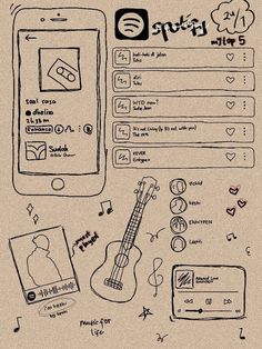 a drawing of a cell phone with music notes on the screen and an image of a ukulele