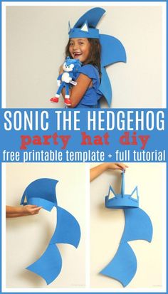 a girl is holding a paper hat with the words sonic the hedgehog on it