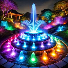 the colorful fountain is lit up at night