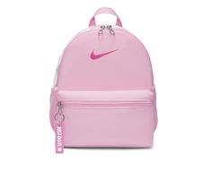 This product is made from sustainable materials as a part of Nike's journey to Move to Zero,100% polyester construction made with 65% recycled fibers, Adjustable padded shoulder straps and carry handle, Large main compartment with dual zipper closure, Front zippered pocket for added storage with key chain detail,2 mesh side pockets ideal for water bottles, Approx. 9 inches W x 13 inches H x 4 inches D, Nike® branding details | Nike Brasilia JDI Mini Sustainable Mini Backpack in Pink Rise/White Nike Brasilia Backpack, Preppy Mini Backpack, Nike Backpack Pink, Nike Pink Backpack, Functional White Bag With Logo, Functional White Bags With Logo, Nike Nylon Backpack For Back To School, Nike Functional Backpack With Adjustable Strap, Functional Nike Backpack With Adjustable Strap