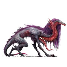 a drawing of a monster with purple and red hair on it's back legs