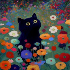 a painting of a black cat sitting in a field of flowers