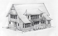 a drawing of a large house with lots of windows