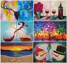 four different paintings with wine glasses and snowmen