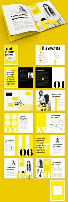 a yellow and black brochure is shown in this graphic design style, with the title