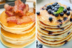 three different pancakes with blueberries and bacon stacked on top of each other