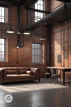 an industrial style living room with exposed brick walls and floor to ceiling windows, leather couches and tables