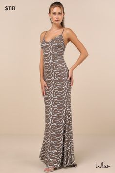 Captivate the crowd with the way you move in the Lulus Mesmerizing Demeanor Taupe Sequin Backless Mermaid Maxi Dress! Sparkling silver sequins create an intricate, wavy design across stretchy mesh knit as it falls from adjustable spaghetti straps into a flattering V-neckline and a fitted bodice. The figure-skimming silhouette continues into a mermaid maxi skirt that features an subtle train at back. The deep V-back creates a sultry final finish! Hidden back zipper/clasp. Fit: This garment fits t Backless Maxi Dresses, Silver Sequin, Dress 100, Fitted Bodice, Floor Length, Apparel Accessories, Spaghetti Strap, Bodice, Maxi Skirt