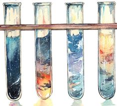 four test tubes filled with colorful liquid on top of a wooden shelf next to water