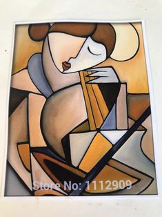 an abstract painting with a woman holding a flute in her hand, on a white background