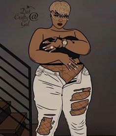 a drawing of a woman in ripped jeans with her hands on her chest and one hand on her hip